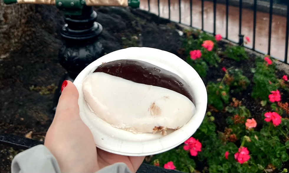 A hand holding a Black and White cookie