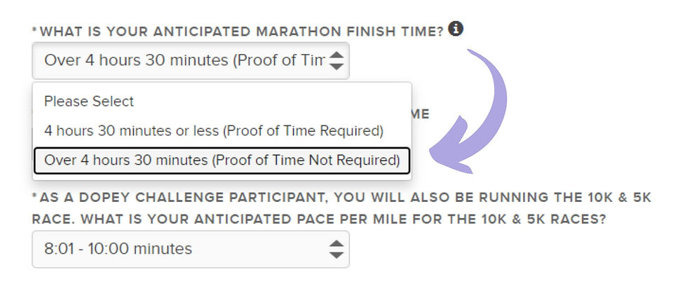 runDisney Proof of Time Dropdown option
