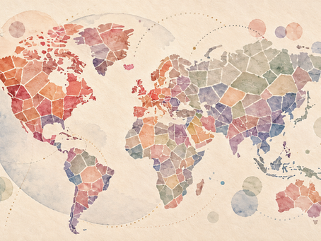 watercolor illustration of a world map/globe composed of irregular mosaic fragments