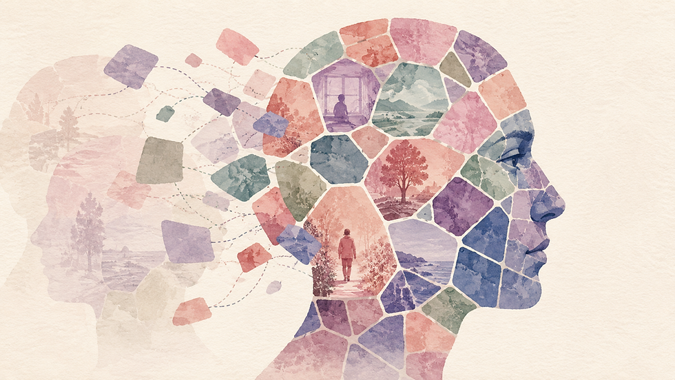 Watercolor illustration of a human profile composed of colorful mosaic fragments, with pieces drifting and rearranging around faded scenes and figures to represent the reconstructive, changeable nature of memory.