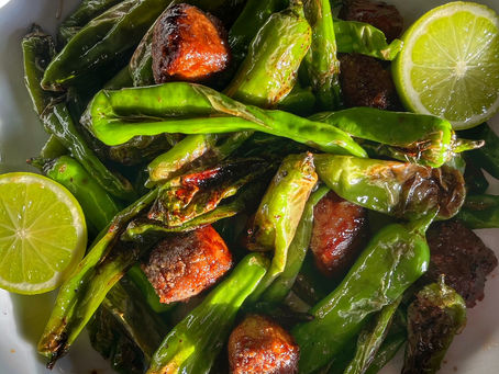 Blistered Shishito Peppers with Chili Crusted Vegan Beef