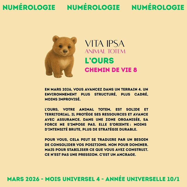 L'ours en mars 2026 - animal totem de la numérologie Vita Ipsa