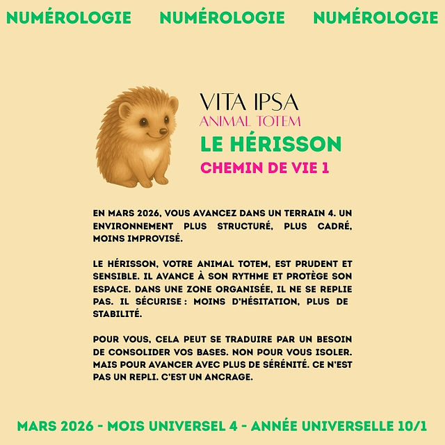 Le hérisson en mars 2026 - animal totem de la numérologie Vita Ipsa