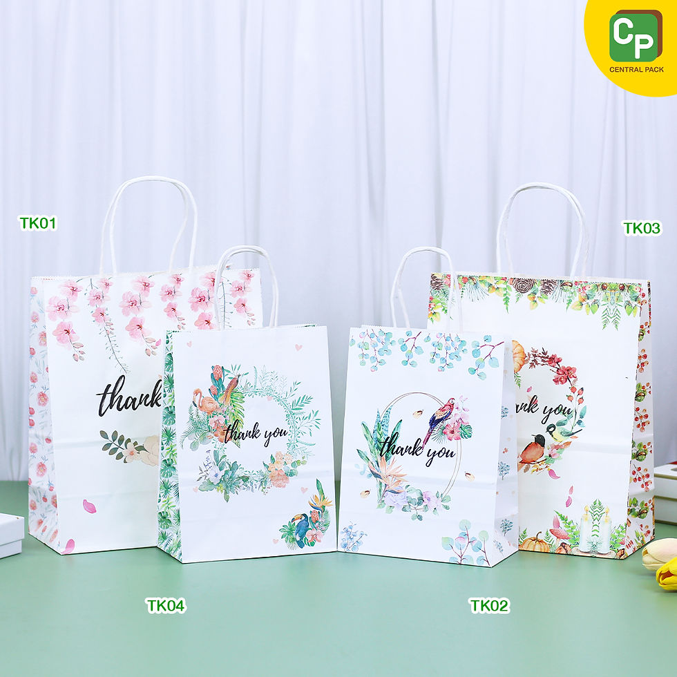 ภาพขนาดย่อ: ถุงกระดาษหูเกลียวสีขาวพิมพ์ลายดอกไม้ thank you