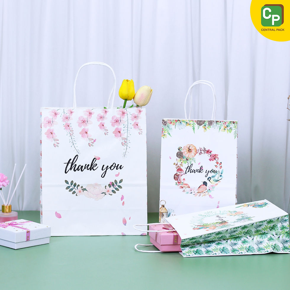 ภาพขนาดย่อ: ถุงกระดาษหูเกลียวสีขาวพิมพ์ลายดอกไม้ thank you