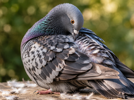 Pigeon preening during molting season with loose feathers and fresh new plumage growing in