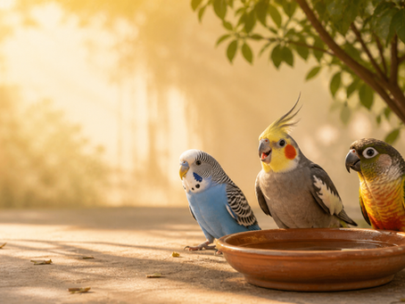 Kabootar, budgie aur parrot garmi mein paani ke bowl ke paas baithe hain — heat stress se bachne ke liye hydration zaroori hai