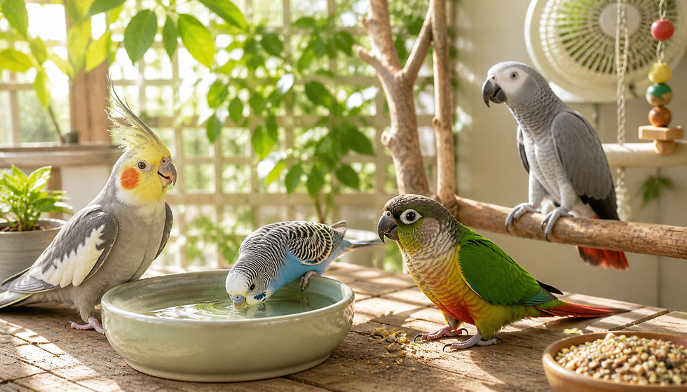 Summer care setup for pet birds with cockatiel, budgie, conure, and African grey near fresh water, highlighting hydration, shade, and airflow to prevent heat stress.