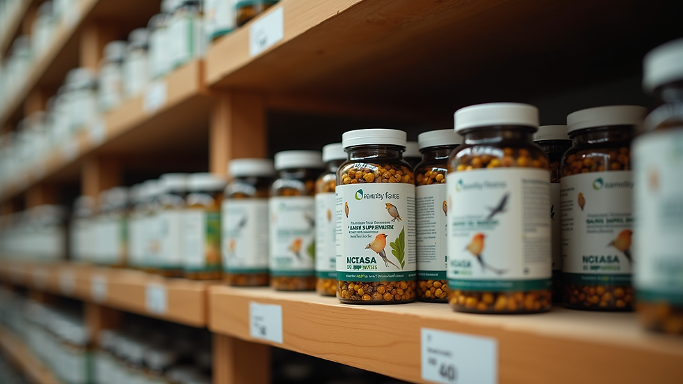 Eye-level view of bird supplement bottles arranged on a shelf