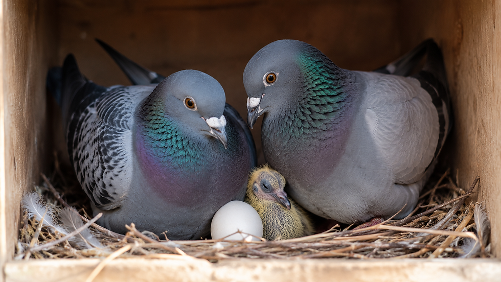 Pair of breeding pigeons in a wooden nest box caring for their newly hatched squab and egg