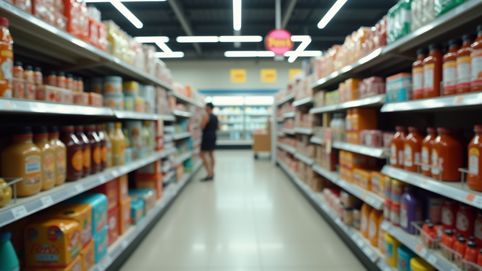 Eye-level view of a grocery store aisle with products and a loyalty program sign