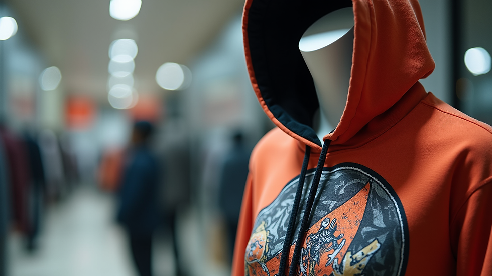 Close-up view of a stylish hoodie with bold graphic print on a mannequin