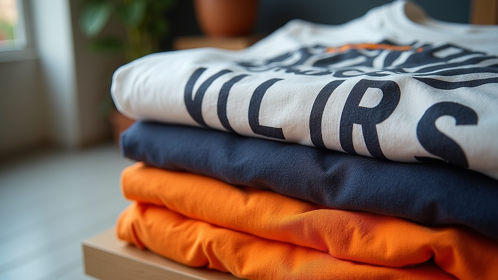 Close-up view of a folded oversized t-shirt with bold graphic print