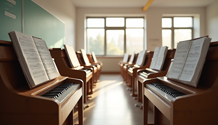 Eye-level view of a bright music classroom with pianos and sheet music stands