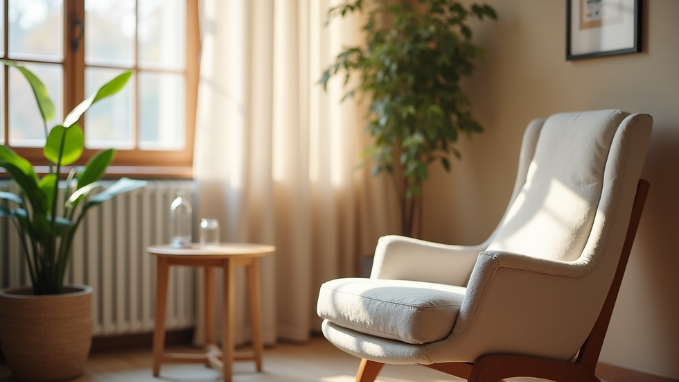 Eye-level view of a cozy therapy room with a comfortable chair and soft lighting