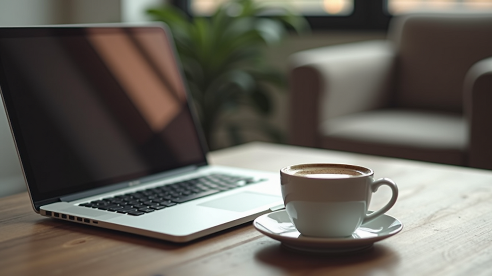 High angle view of a laptop and coffee cup on a table, symbolising online therapy sessions