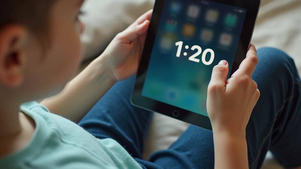 Close-up view of a child’s hand holding a tablet with a timer app visible