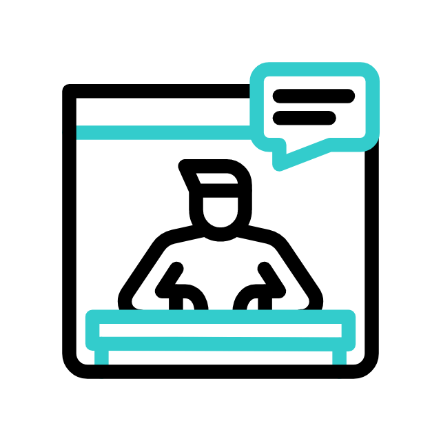 Individual at a desk, with a speech bubble above, suggesting communication or expression of ideas.
