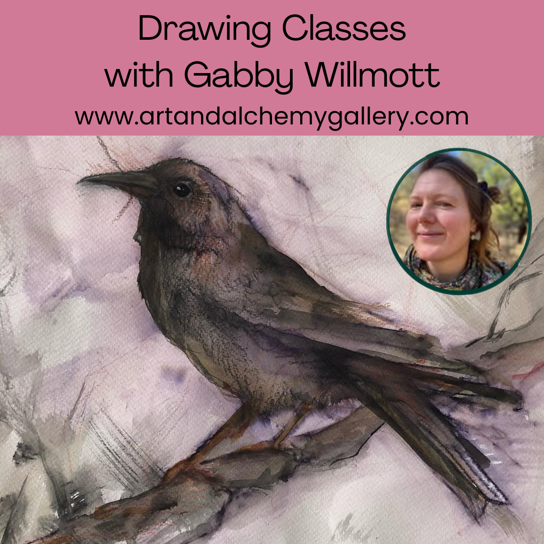 A square tile with the heading Drawing class with Gabby Willmott www.artandalchemygallery.com with a drawing of a bird below and a headshot of Gabby upper right corner