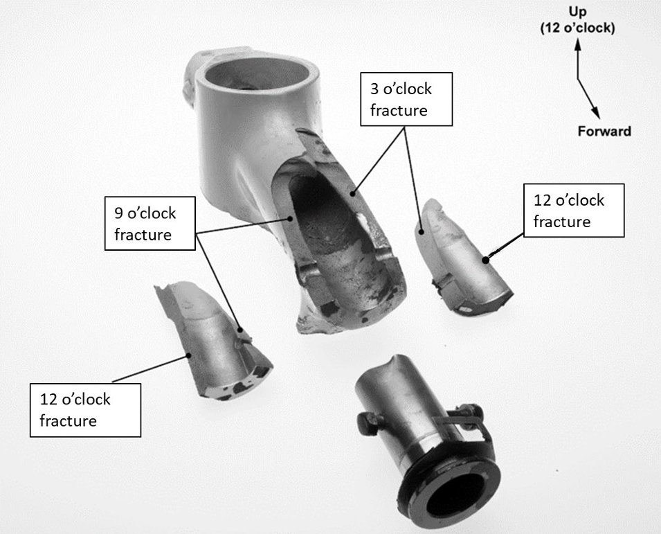 Positions of the 3 fractures in the spigot housing (Source: TSB)