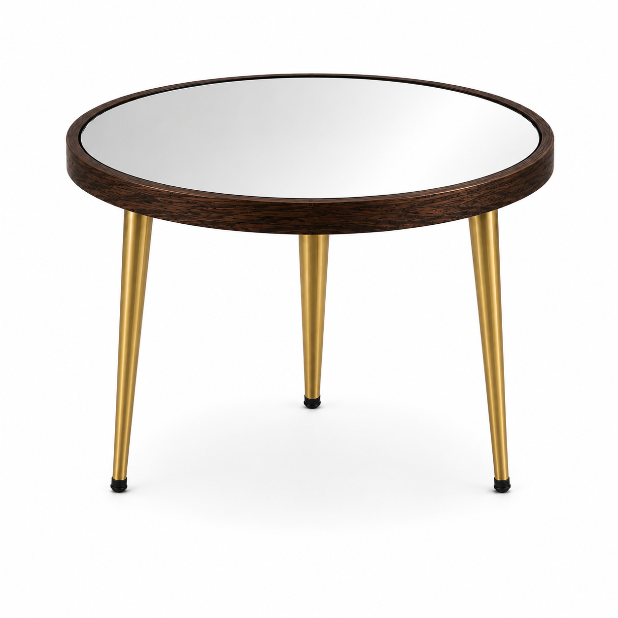 Round Mirror Coffee Table – Dark Walnut Wooden Frame & Gold Cone