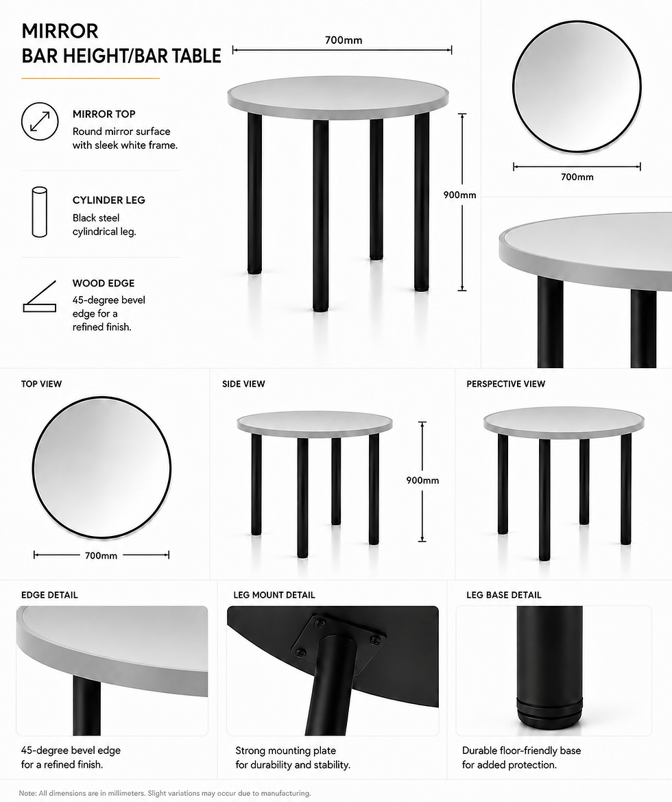 Thumbnail: Round Mirror Bar Table – Grey Wooden Frame & Black Cylinder Legs – 70cm