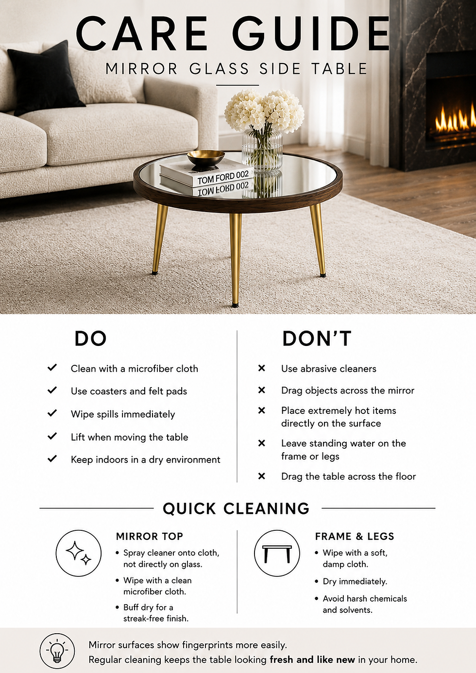Thumbnail: Round Mirror Coffee Table – Dark Walnut Wooden Frame & Gold Cone