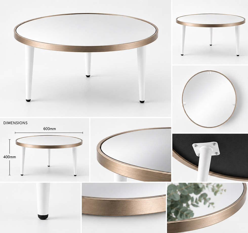 Thumbnail: Round Mirror Coffee Table – Gold Metal Frame & White Cone Legs