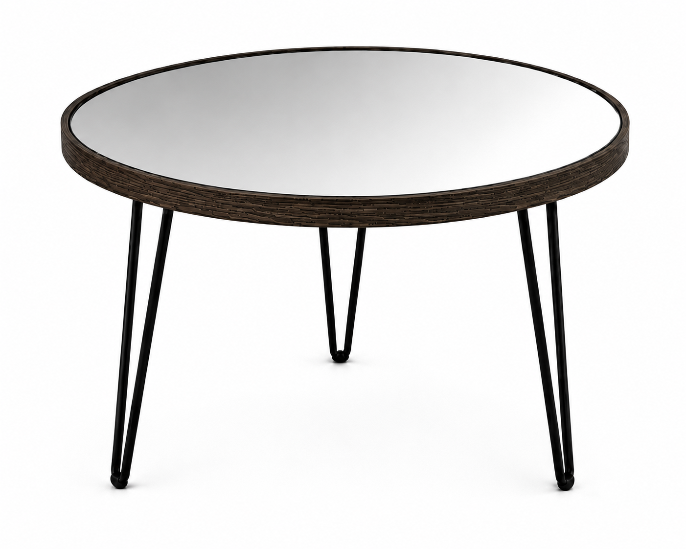 Round Mirror Coffee Table – Dark Walnut Wooden Frame & Black Hairpin Legs
