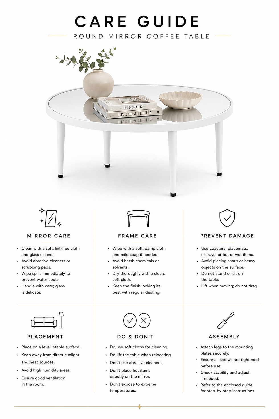 Thumbnail: Round Mirror Coffee Table – White Wooden Frame & White Cone Legs – 70cm