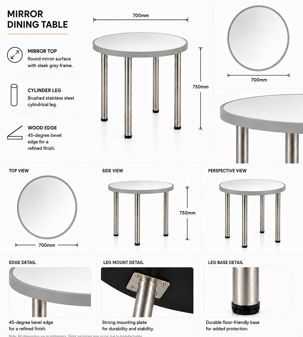 Thumbnail: Round Mirror Dining Table – Grey Wooden Frame & Pearl Nickel Cylinder Legs