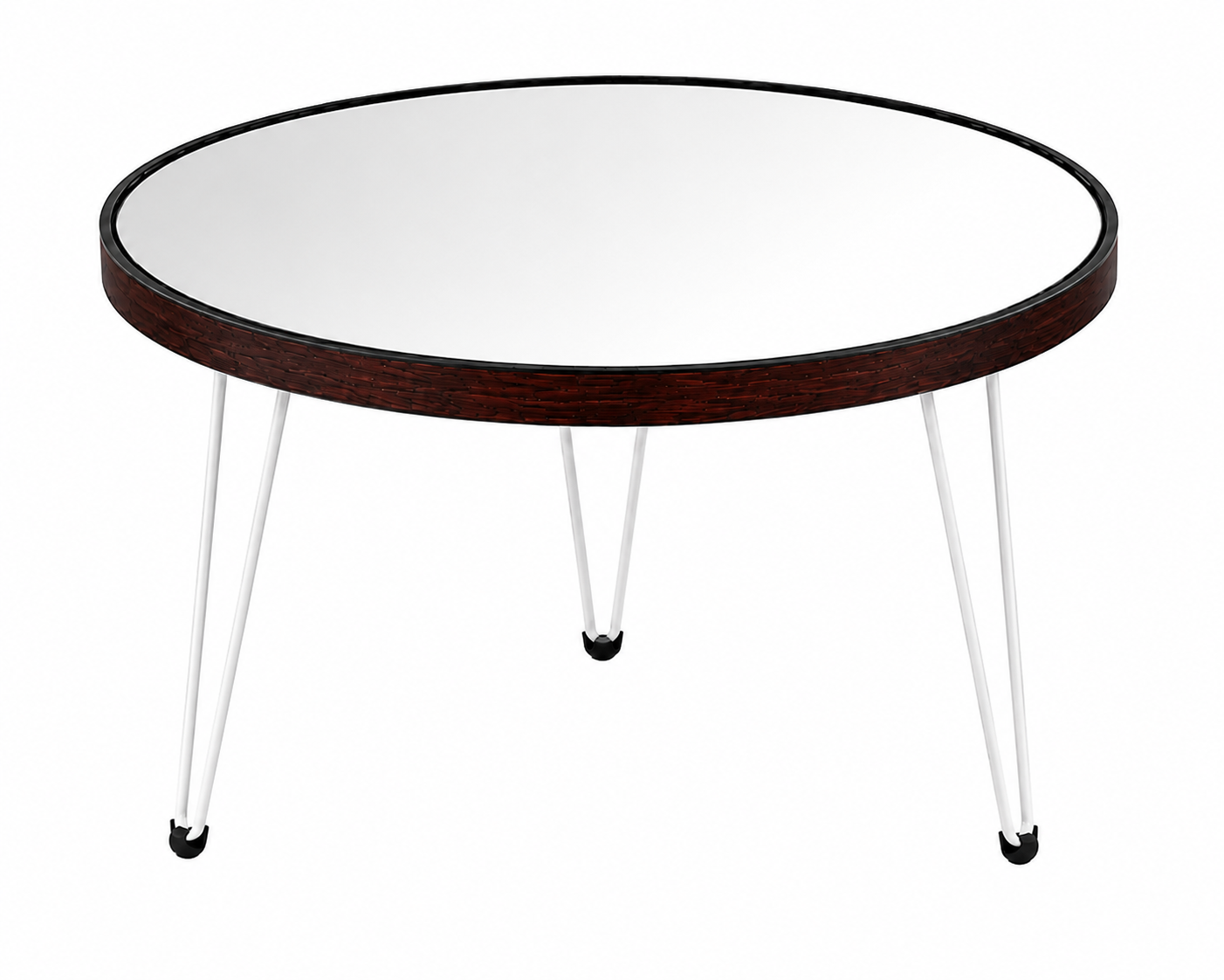 Round Mirror Coffee Table – Black Wooden Frame & White Hairpin Legs