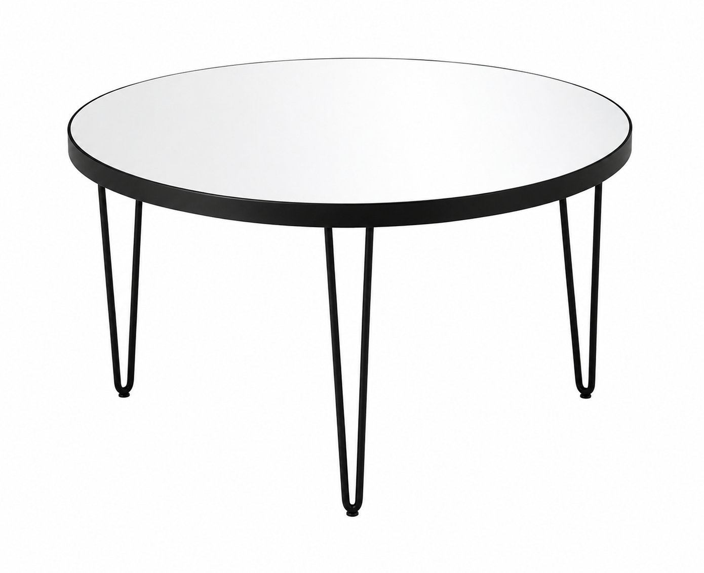 Round Mirror Coffee Table – Black Aluminium Frame - Black Hairpin Legs