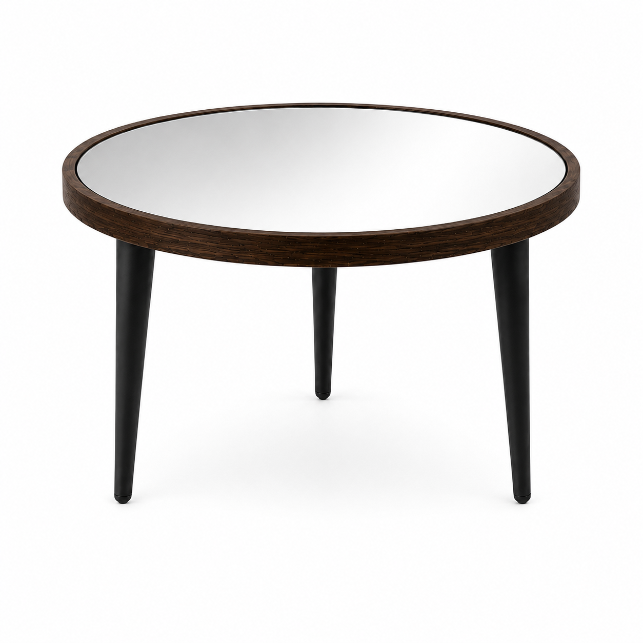 Round Mirror Coffee Table – Dark Walnut Wooden Frame & Black Cone