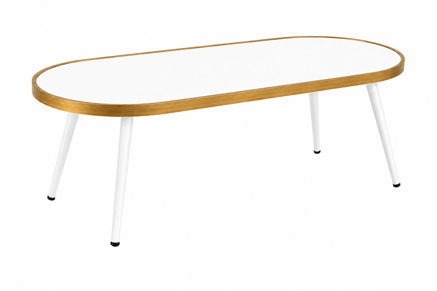Oval Mirror Coffee Table – Brushed Gold Frame & White Angled Cone Legs – 100cm