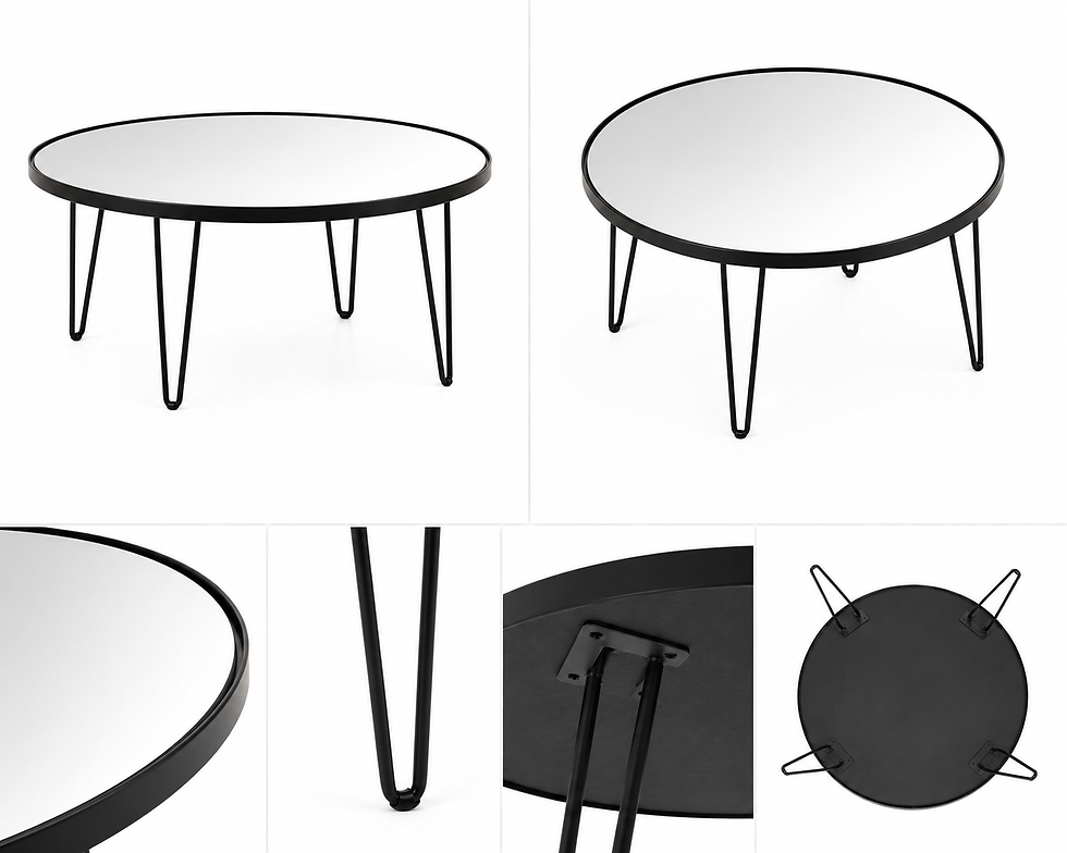 Thumbnail: Round Mirror Coffee Table – Black Aluminium Frame & Black Hairpin Legs – 80cm