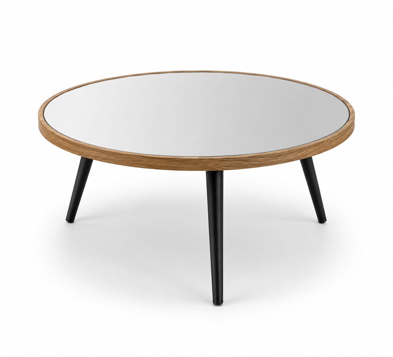 Round Mirror Coffee Table – Oak Wooden Frame & Black Angled Legs