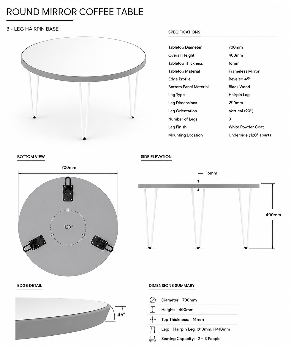 Thumbnail: Round Mirror Coffee Table – Grey Wooden Frame & White Hairpin Legs – 70cm