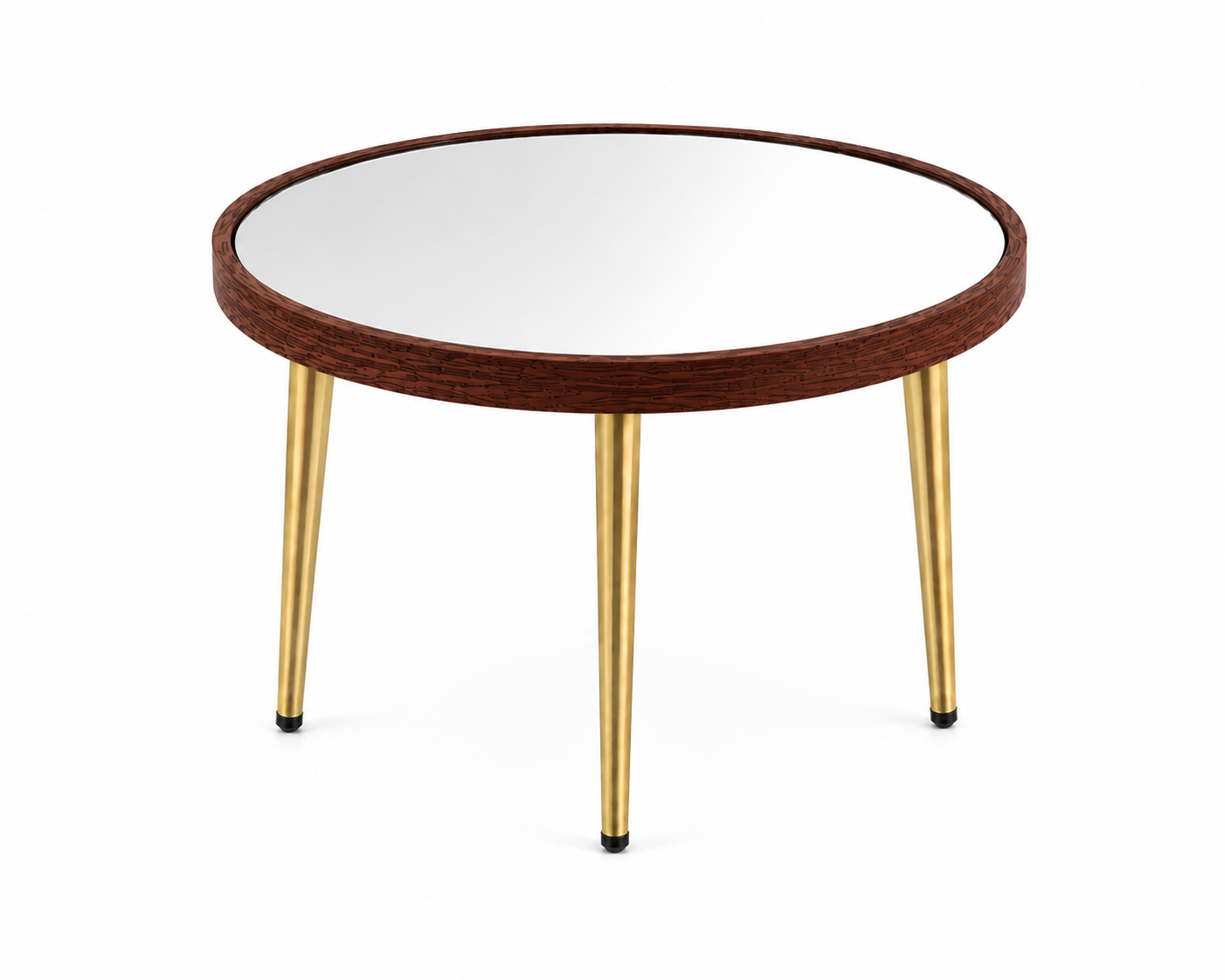 Round Mirror Coffee Table – Mahogany Wooden Frame & Gold Cone Legs