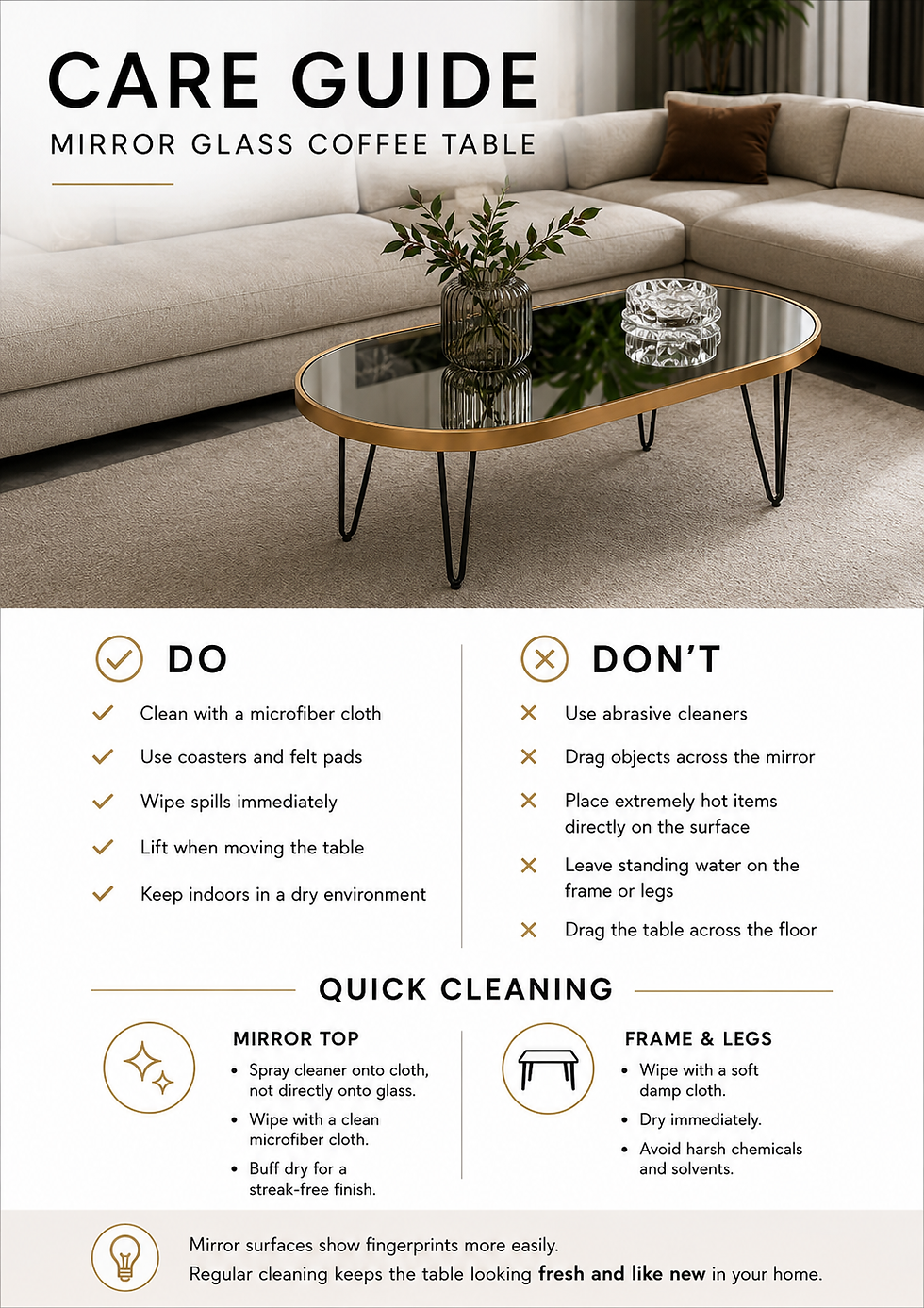 Thumbnail: Oval Mirror Coffee Table – Brushed Gold Frame & Black Hairpin Legs – 100cm