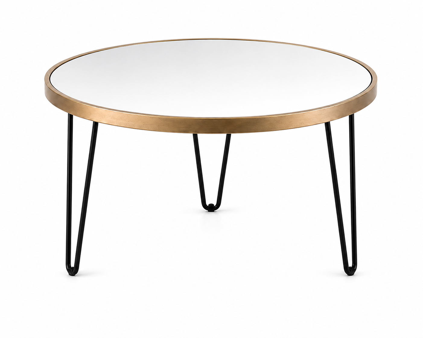 Round Mirror Coffee Table – Gold Metal Frame & Black Hairpin Legs