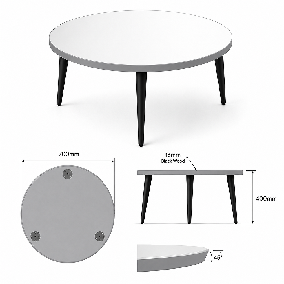 Thumbnail: Round Mirror Coffee Table – Grey Wooden Frame & Black Angled Cone Legs – 70cm