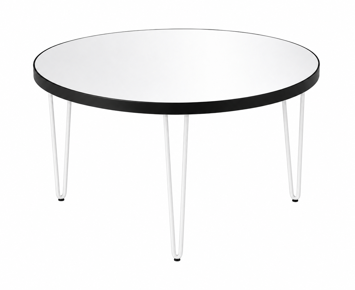Round Mirror Coffee Table – Black Aluminium Frame – White Hairpin Legs