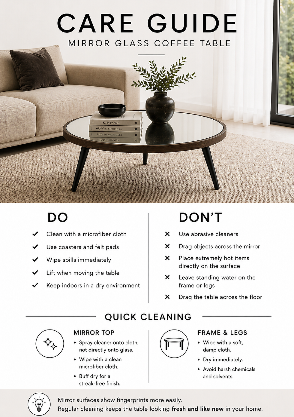 Thumbnail: Round Mirror Coffee Table – Dark Walnut Wooden Frame & Black Angled Legs