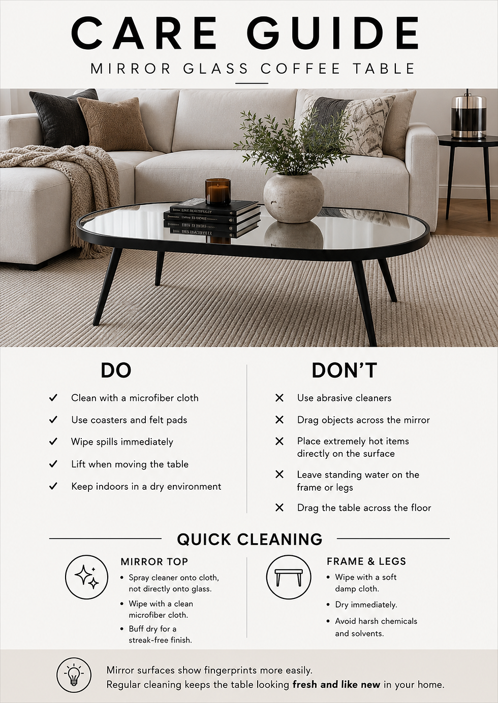 Thumbnail: Oval Mirror Coffee Table–Black Aluminium Frame & Black Angled Cone Legs – 100cm