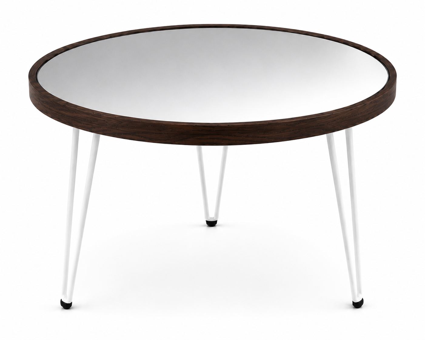 Round Mirror Coffee Table – Dark Walnut Wooden Frame & White Hairpin Legs