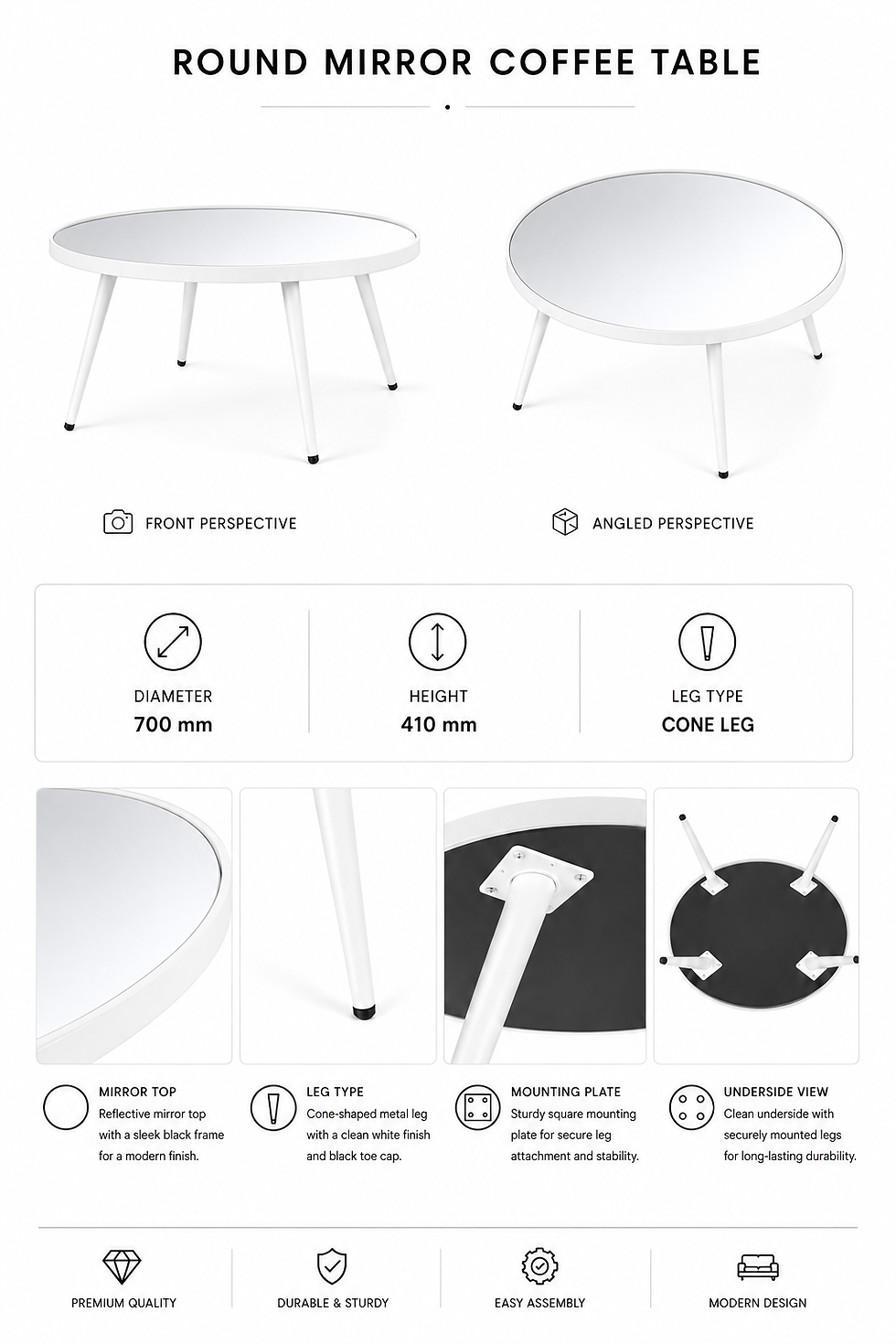Thumbnail: Round Mirror Coffee Table – White Wooden Frame & White Hairpin Legs – 70cm