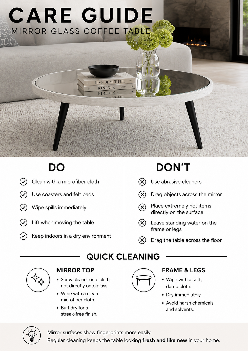 Thumbnail: Round Mirror Coffee Table – White Wooden Frame & Black Angled Legs