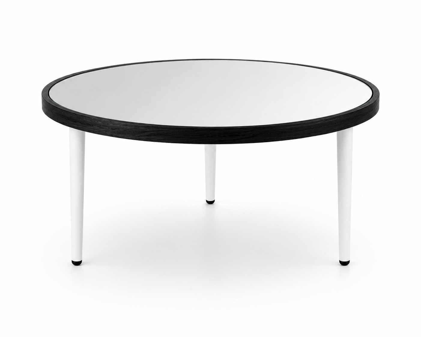 Round Mirror Coffee Table – Black Wooden Frame – White Straight Legs