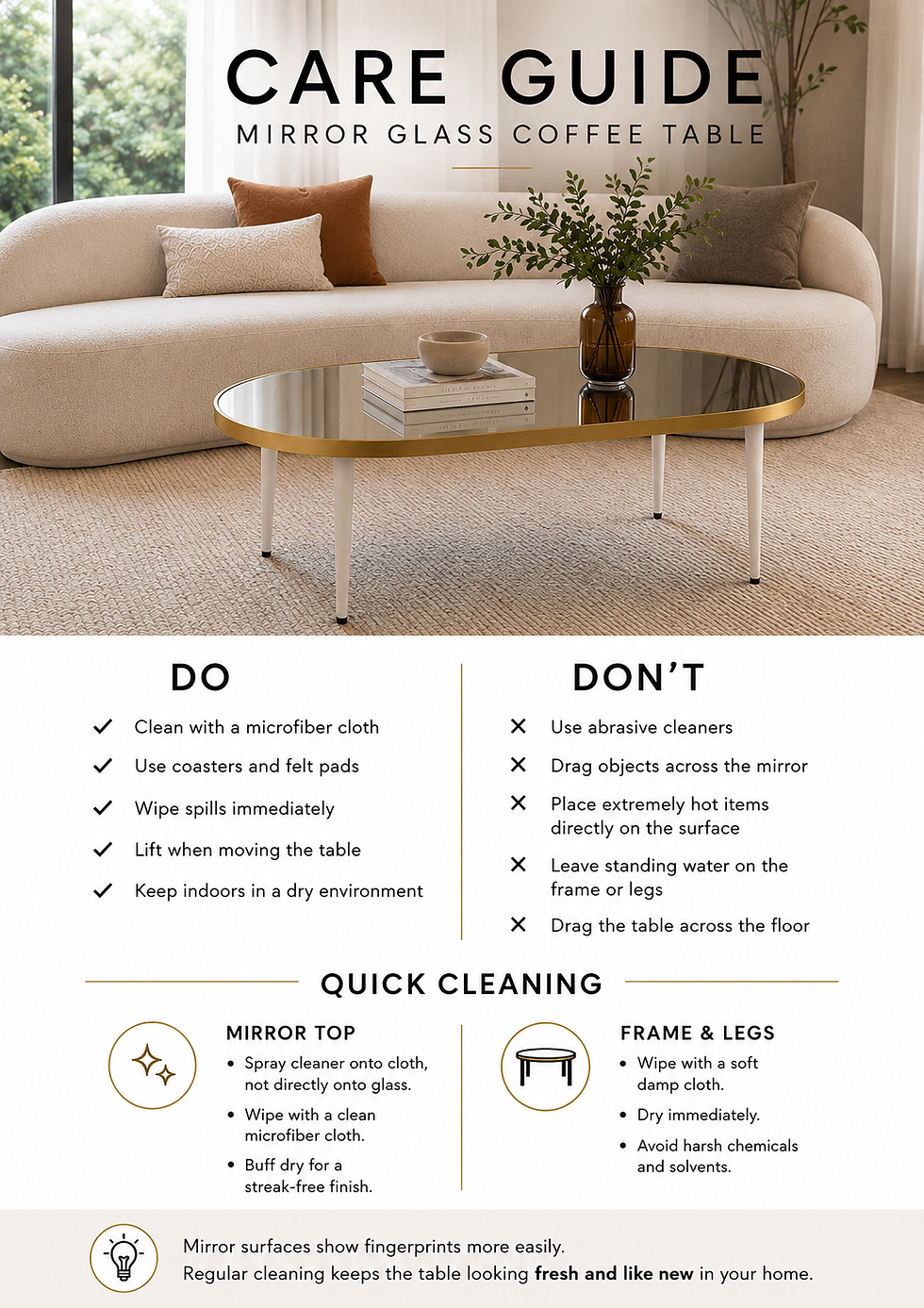 Thumbnail: Oval Mirror Coffee Table – Brushed Gold Frame & White Straight Cone Legs – 100cm